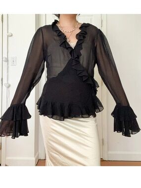 Moda International Silk Frilly Ruffle Wrap Tie Top Fairy Whimsigoth Y2K L